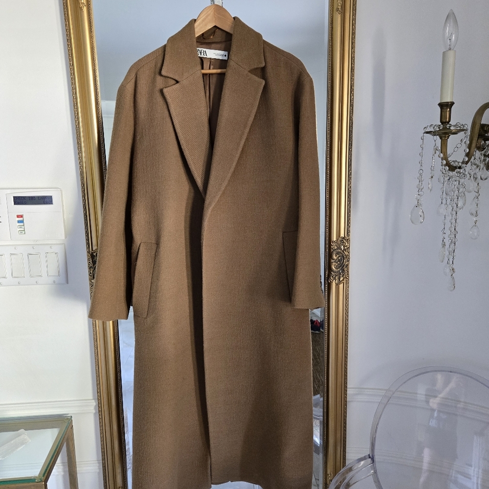 Caramel Coloured Wool Blend Long Dress Coat Zara